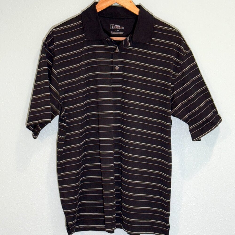 PGA Tour Black White Striped Short Sleeve Polo Shirt Size Large